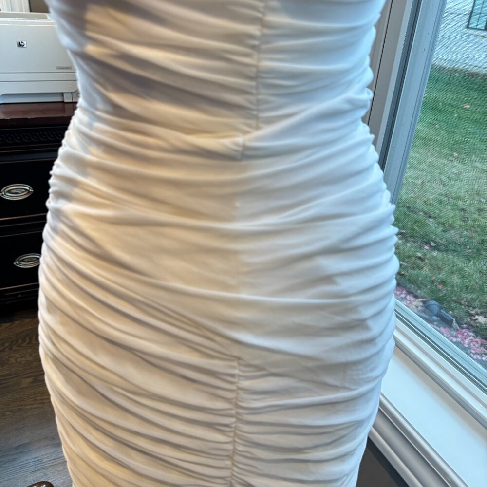 Bebe Strapless Bodycon White Mini Dress Gold Accents - Picture 12 of 12